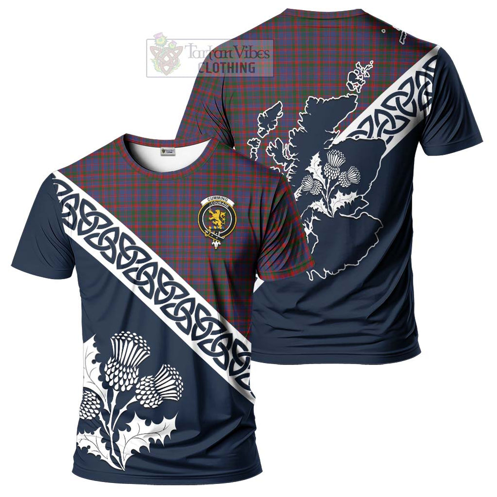 Cumming Tartan T-Shirt Featuring Thistle and Scotland Map