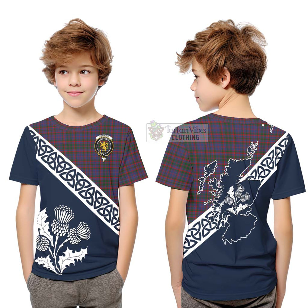 Tartan Vibes Clothing Cumming Tartan Kid T-Shirt Featuring Thistle and Scotland Map