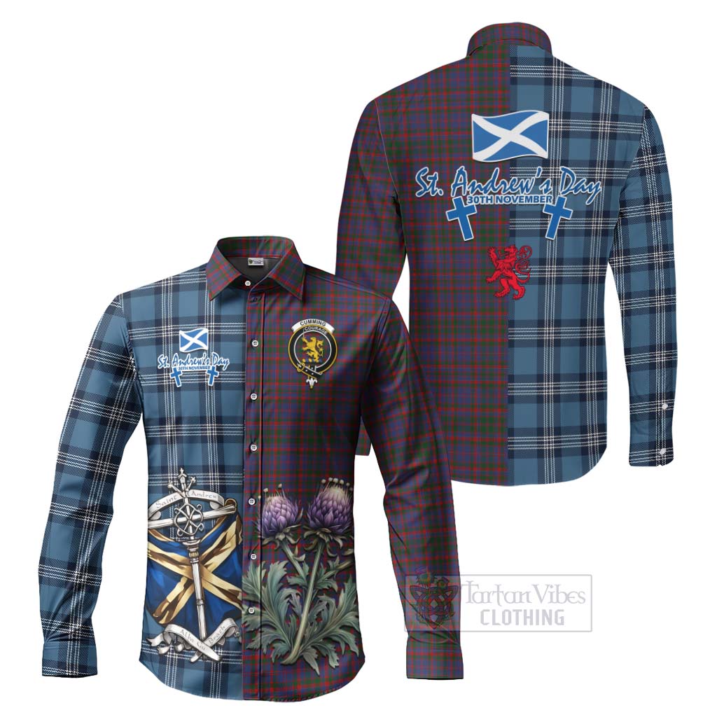 Tartan Vibes Clothing Cumming Tartan Long Sleeve Button Shirt Happy St. Andrew's Day Half Tartan Style