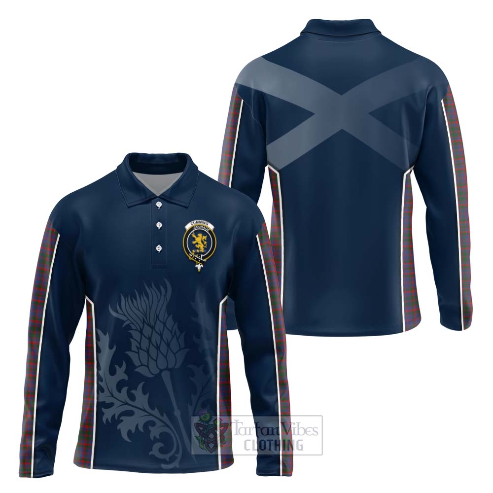 Tartan Vibes Clothing Cumming Tartan Long Sleeve Polo Shirt with Family Crest and Scottish Thistle Vibes Sport Style