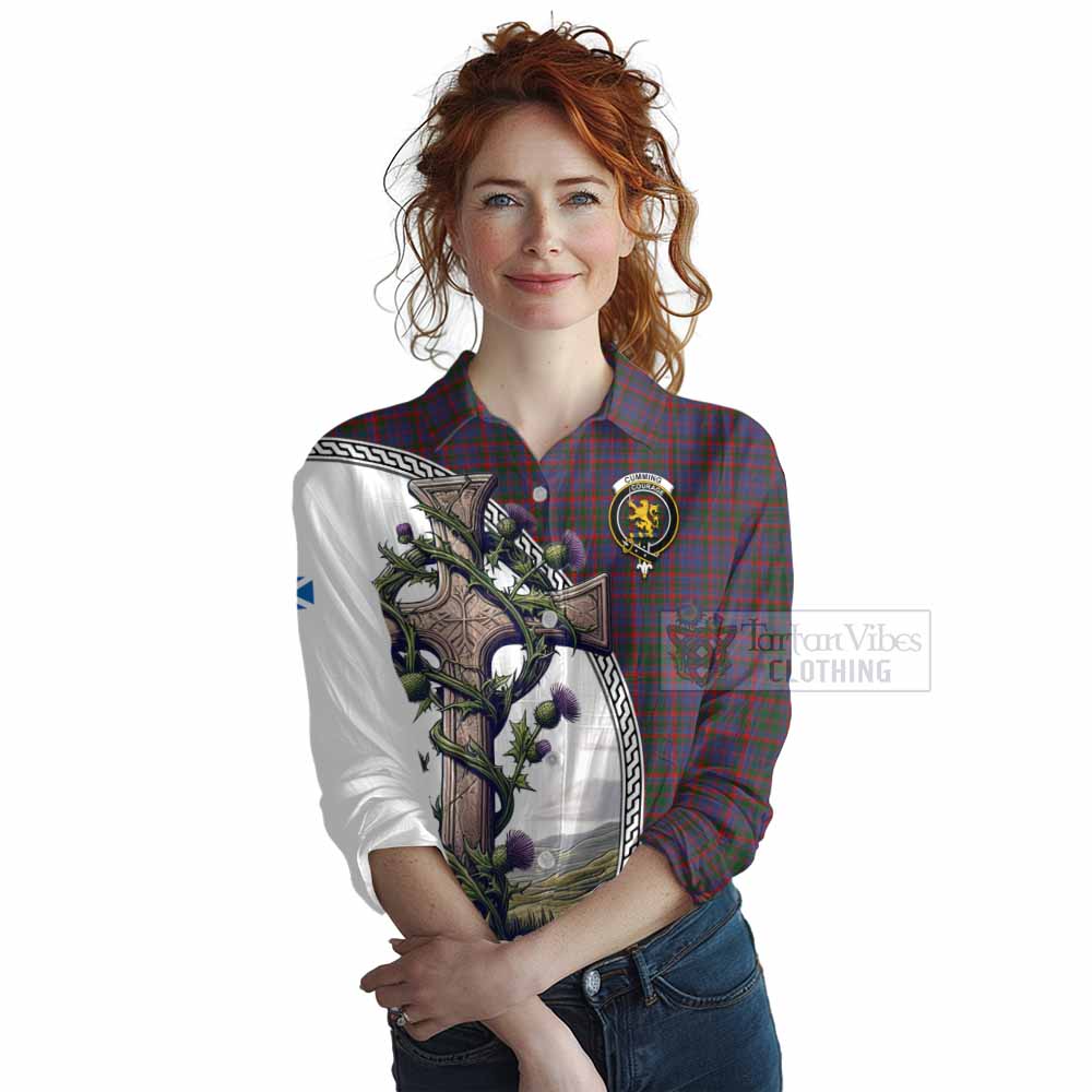 Tartan Vibes Clothing Cumming Tartan Women's Casual Shirt with Family Crest and St. Andrew's Cross Accented by Thistle Vines