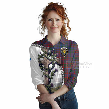 Cumming Tartan Women's Casual Shirt with Family Crest and St. Andrew's Cross Accented by Thistle Vines