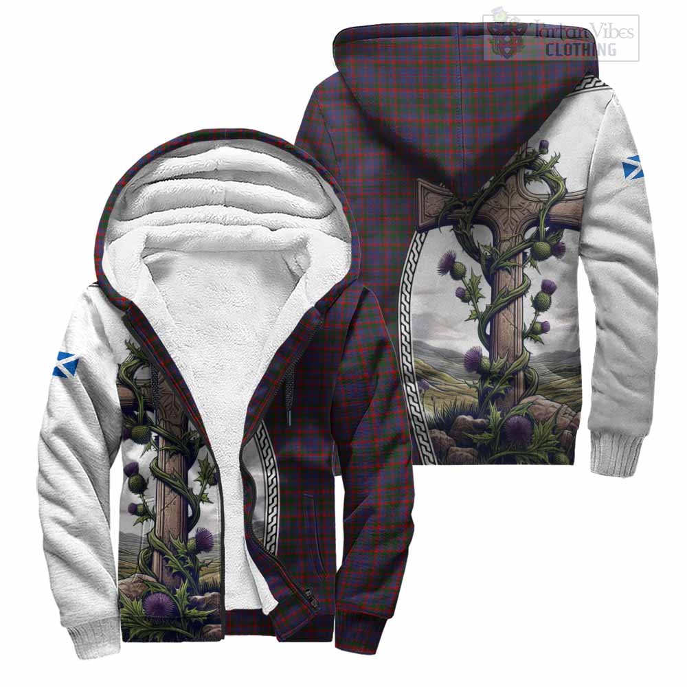 Tartan Vibes Clothing Cumming Tartan Sherpa Hoodie with Family Crest and St. Andrew's Cross Accented by Thistle Vines