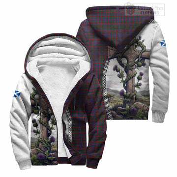 Cumming Tartan Sherpa Hoodie with Family Crest and St. Andrew's Cross Accented by Thistle Vines