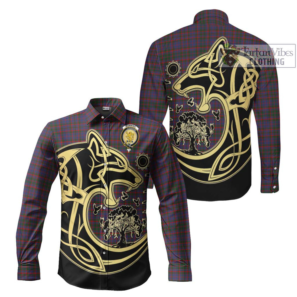 Cumming Tartan Long Sleeve Button Shirt with Family Crest Celtic Wolf Style Men's Shirt S - Tartan Vibes Clothing