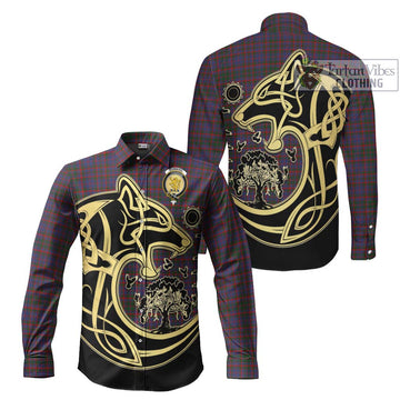 Cumming Tartan Long Sleeve Button Shirt with Family Crest Celtic Wolf Style