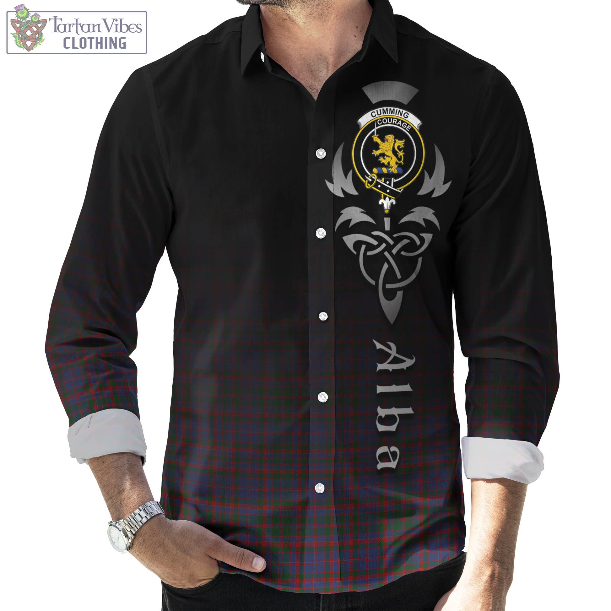 Tartan Vibes Clothing Cumming Tartan Long Sleeve Button Up Featuring Alba Gu Brath Family Crest Celtic Inspired