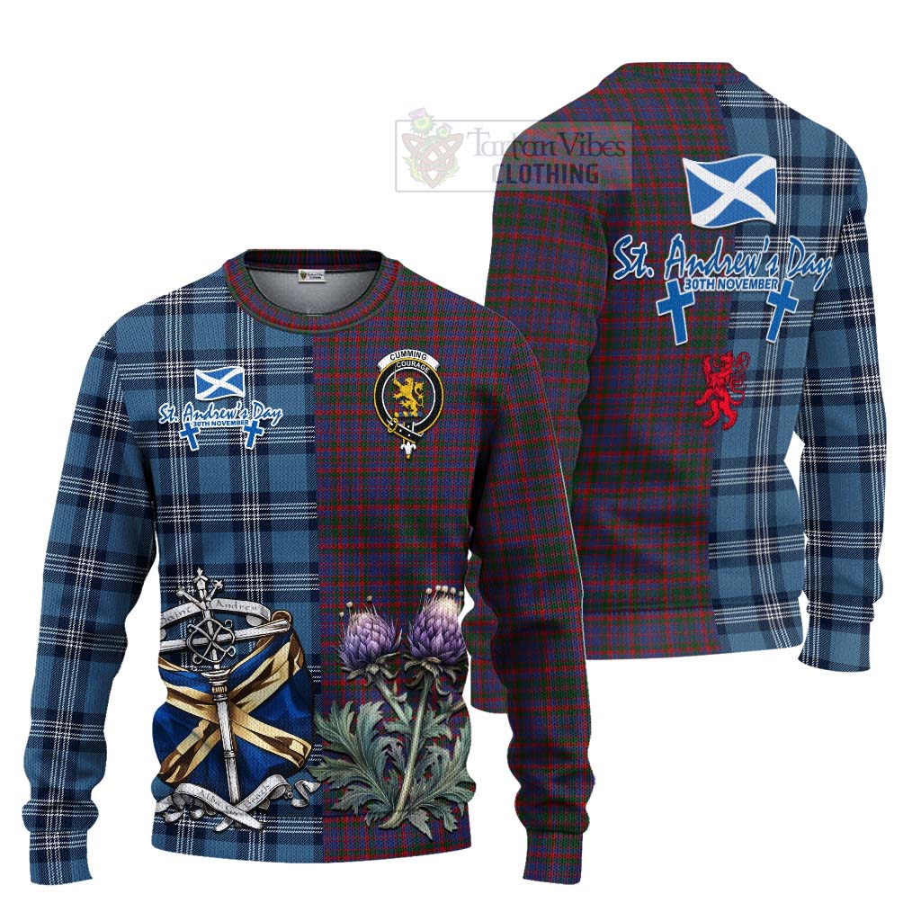 Tartan Vibes Clothing Cumming Tartan Knitted Sweater Happy St. Andrew's Day Half Tartan Style