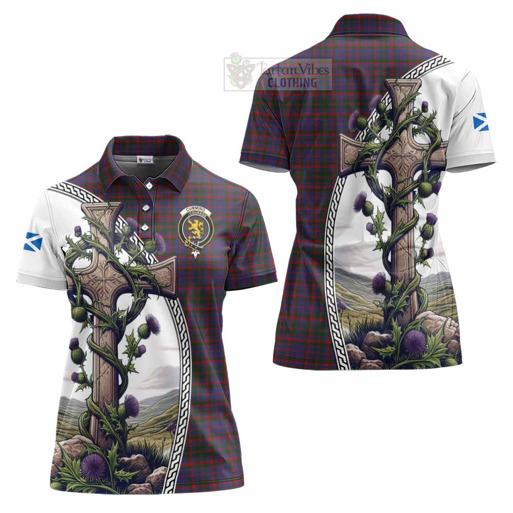 Tartan Vibes Clothing Cumming Tartan Women's Polo Shirt with Family Crest and St. Andrew's Cross Accented by Thistle Vines