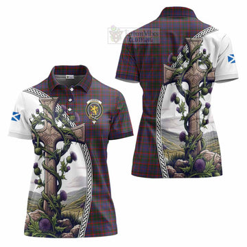 Cumming Tartan Women's Polo Shirt with Family Crest and St. Andrew's Cross Accented by Thistle Vines