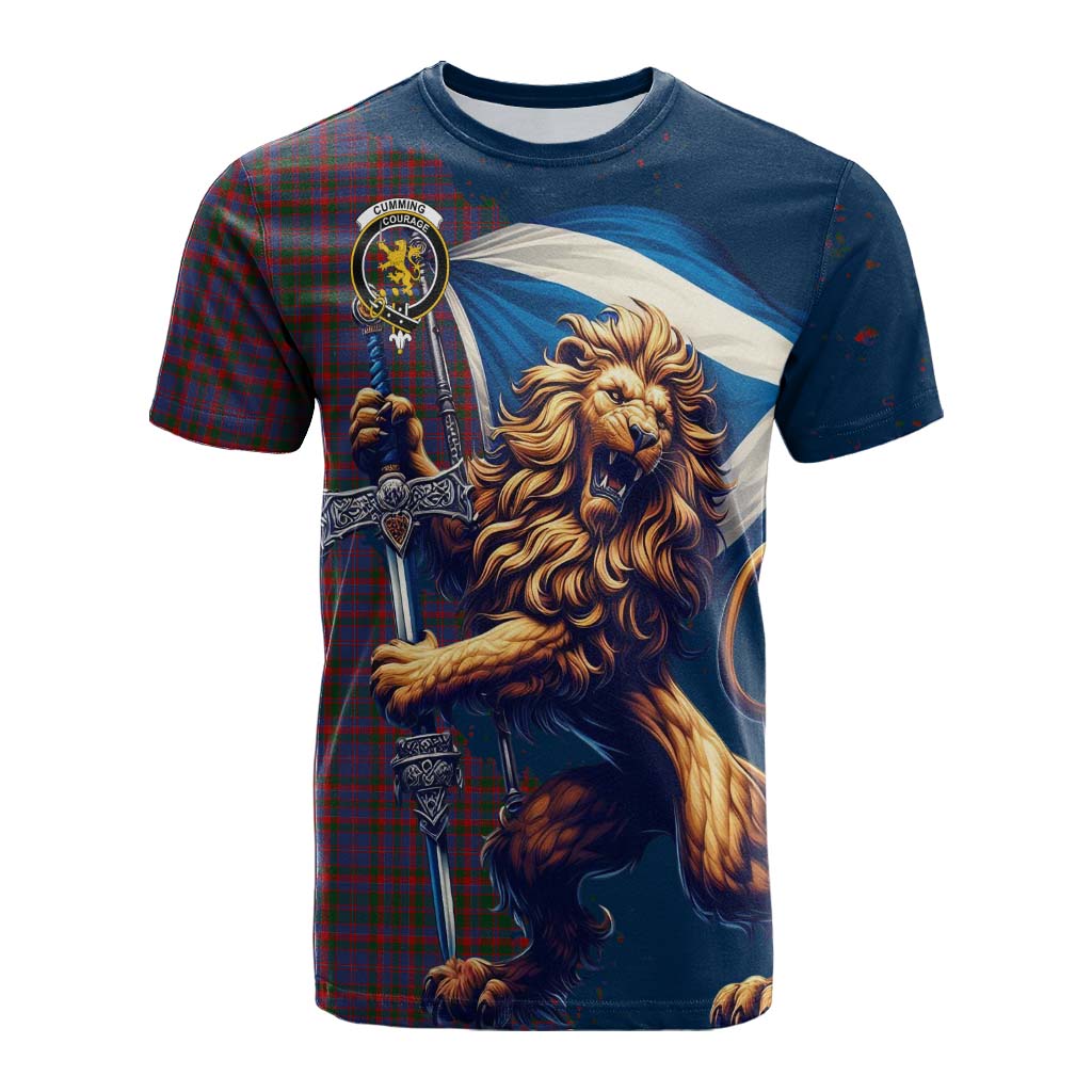 Tartan Vibes Clothing Cumming Tartan Family Crest Cotton T-shirt with Scottish Majestic Lion