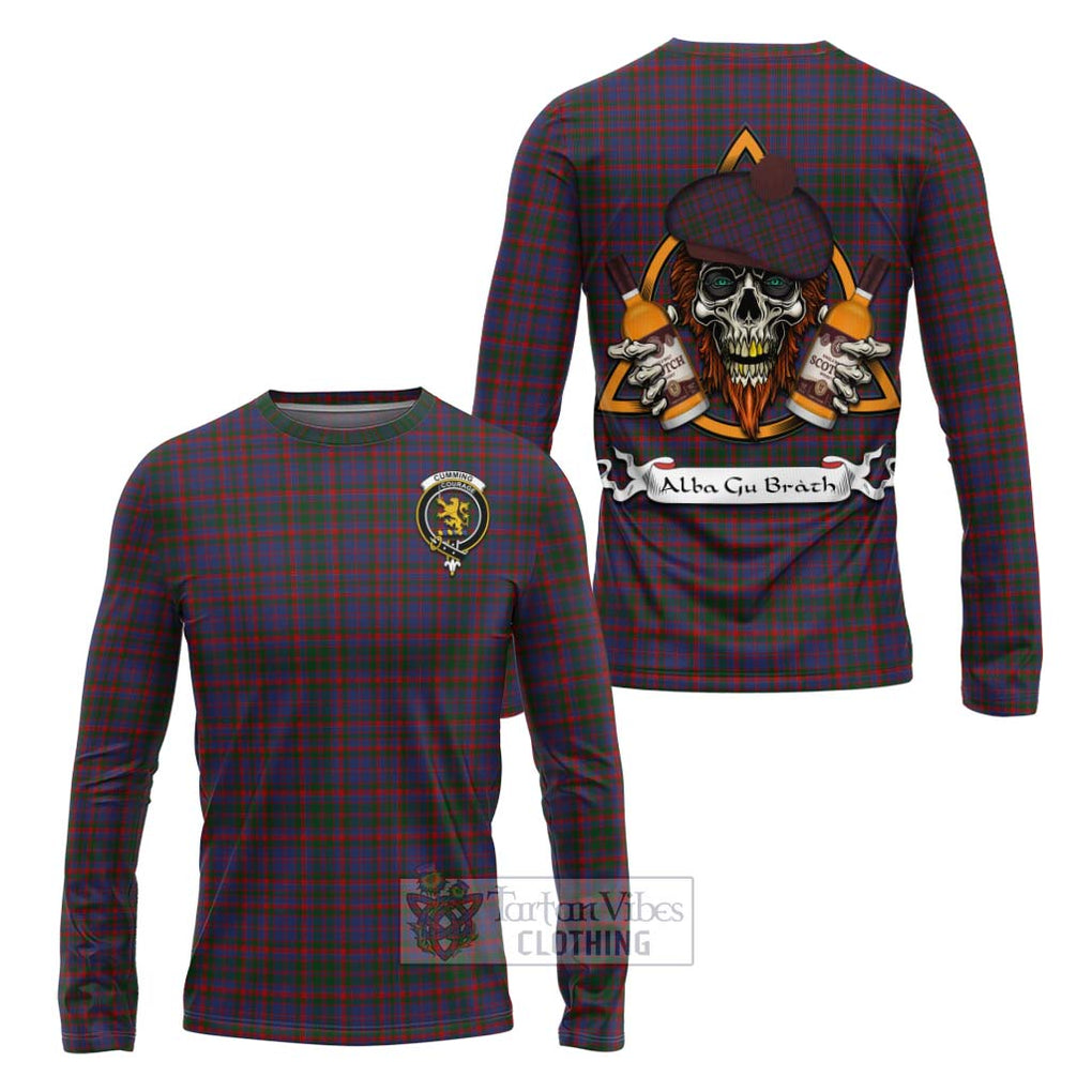 Tartan Vibes Clothing Cumming Tartan Long Sleeve T-Shirt with Family Crest and Bearded Skull Holding Bottles of Whiskey