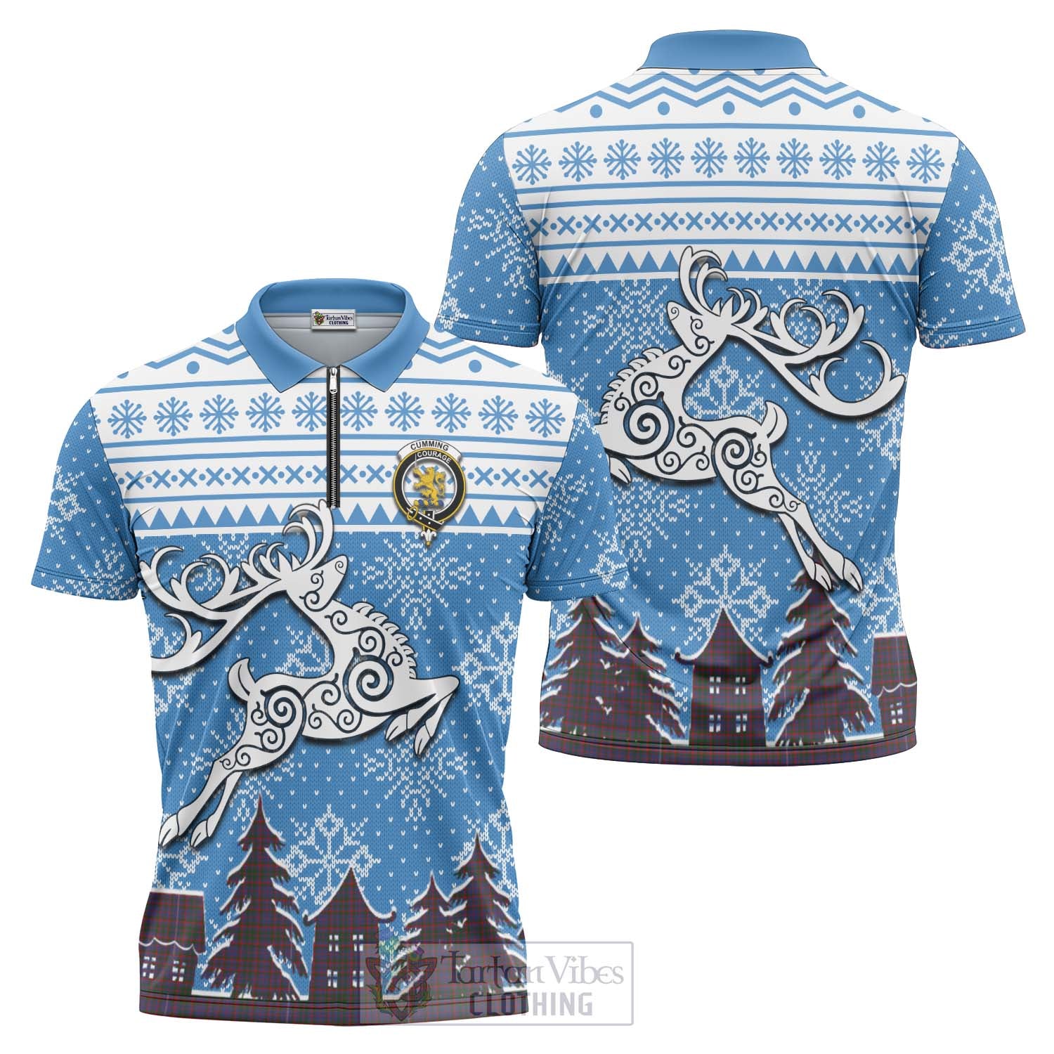 Tartan Vibes Clothing Cumming Clan Christmas Zipper Polo Shirt Celtic Reindeer Style