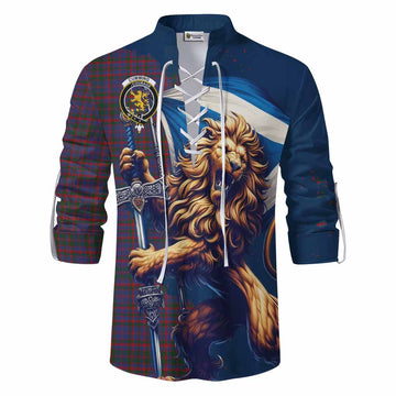 Cumming Tartan Family Crest Ghillie Kilt Shirt with Scottish Majestic Lion