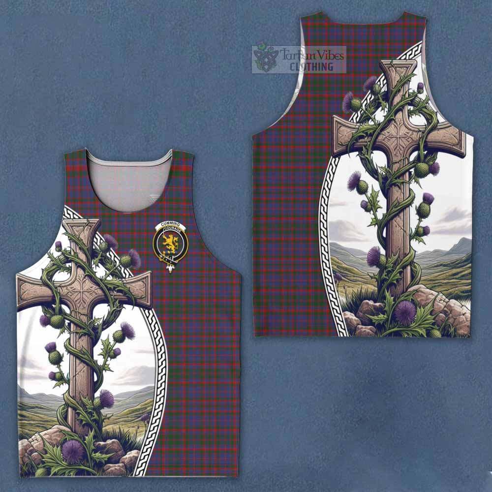 Tartan Vibes Clothing Cumming Tartan Men's Tank Top with Family Crest and St. Andrew's Cross Accented by Thistle Vines