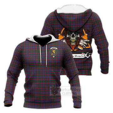 Cumming Tartan Knitted Hoodie with Family Crest and Bearded Skull Holding Bottles of Whiskey