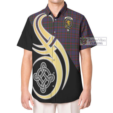 Cumming Tartan Short Sleeve Button Shirt with Family Crest and Celtic Symbol Style