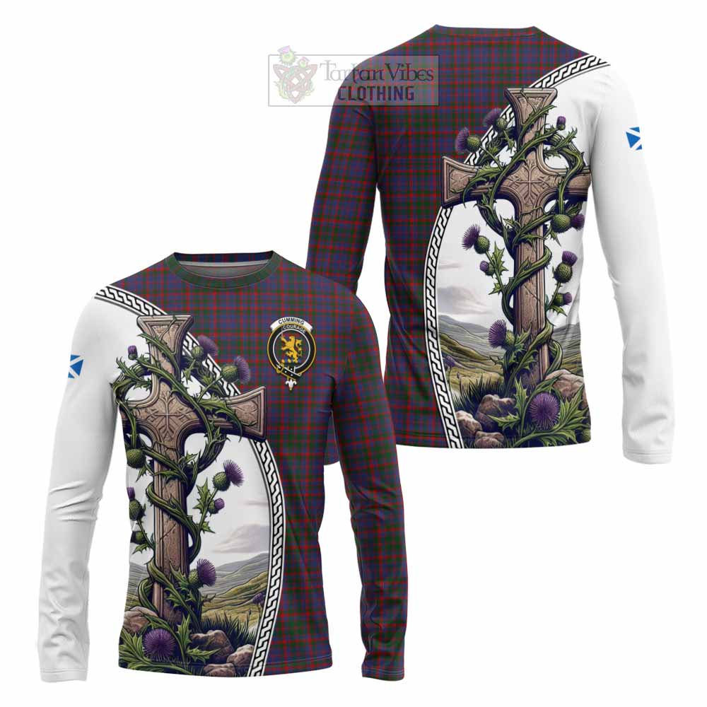 Tartan Vibes Clothing Cumming Tartan Long Sleeve T-Shirt with Family Crest and St. Andrew's Cross Accented by Thistle Vines