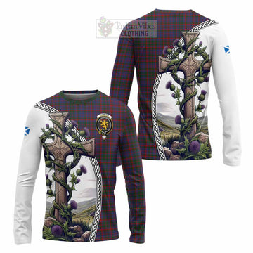 Cumming Tartan Long Sleeve T-Shirt with Family Crest and St. Andrew's Cross Accented by Thistle Vines