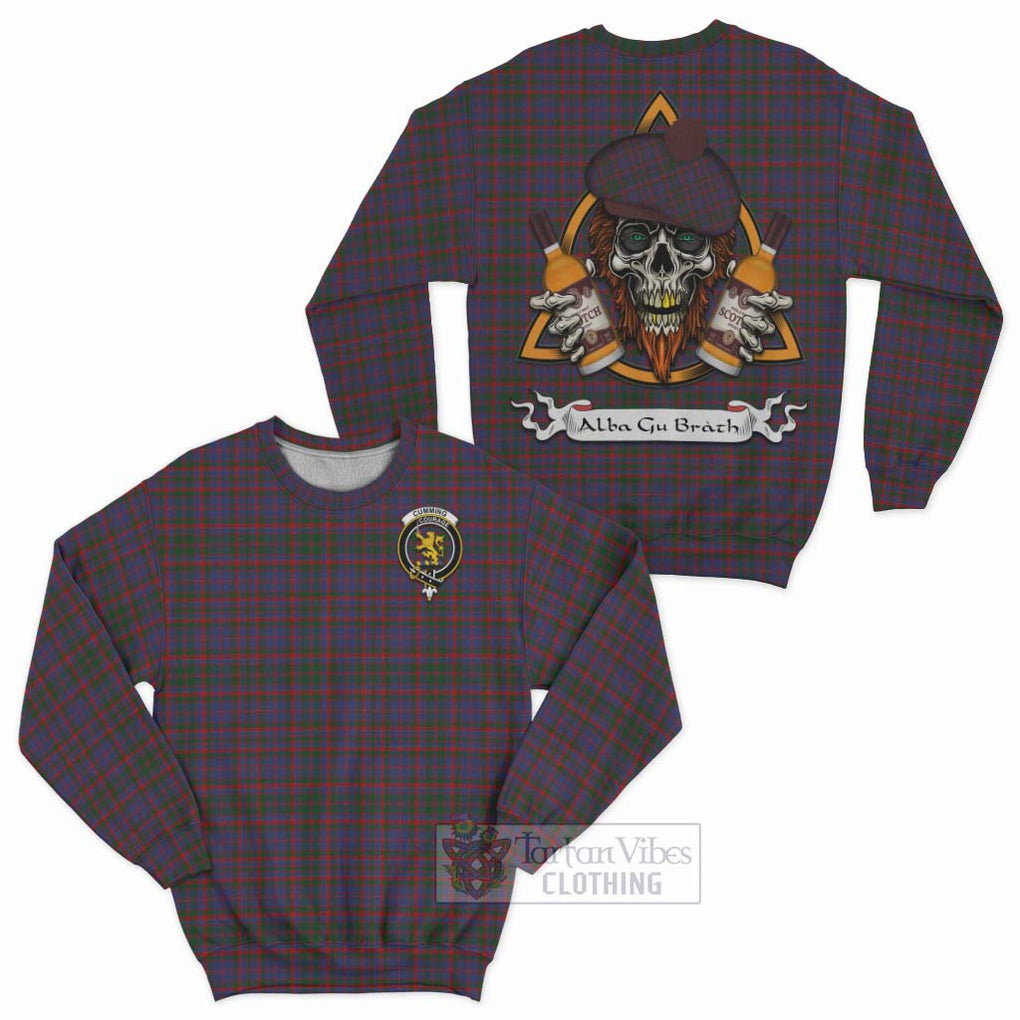 Tartan Vibes Clothing Cumming Tartan Sweatshirt with Family Crest and Bearded Skull Holding Bottles of Whiskey