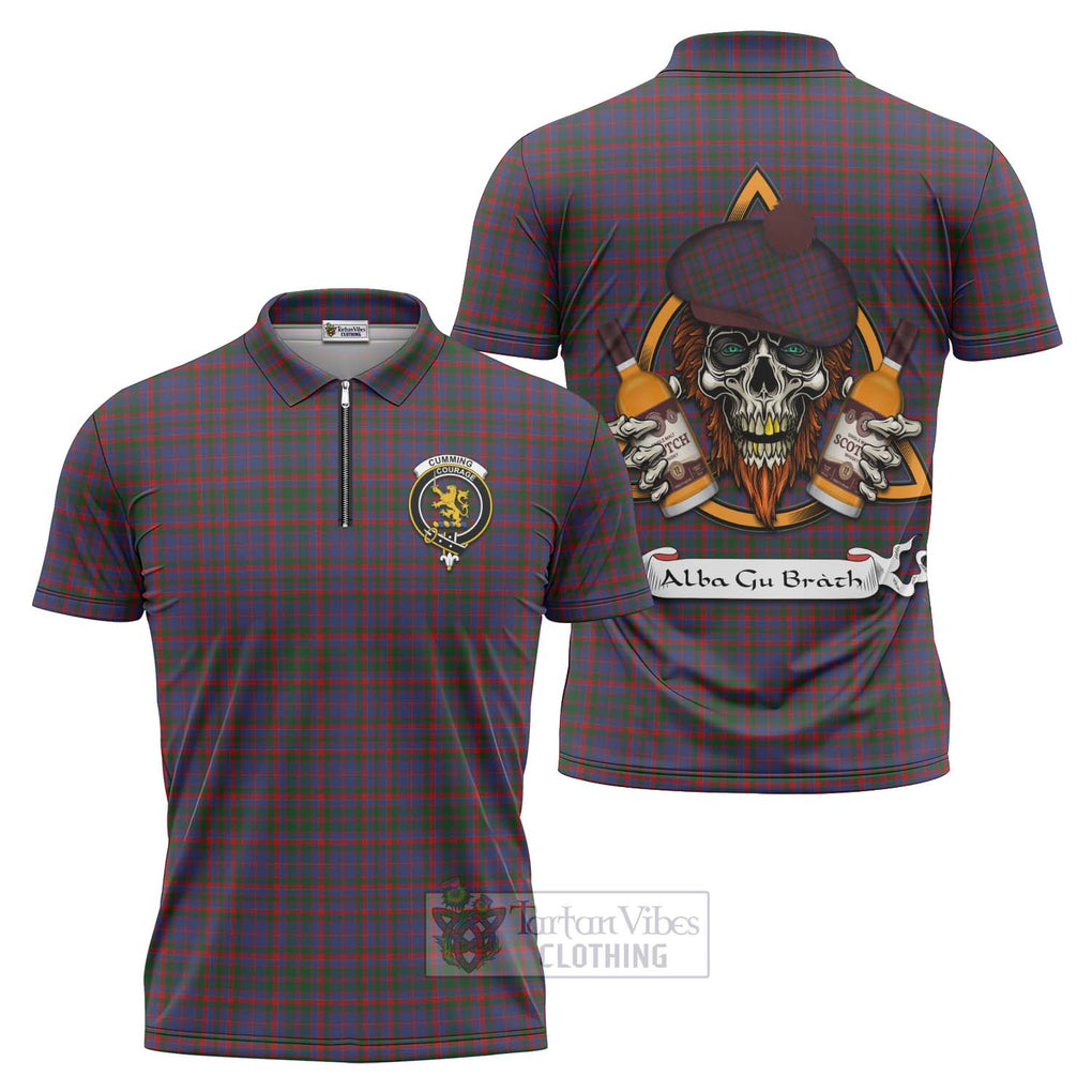 Tartan Vibes Clothing Cumming Tartan Zipper Polo Shirt with Family Crest and Bearded Skull Holding Bottles of Whiskey