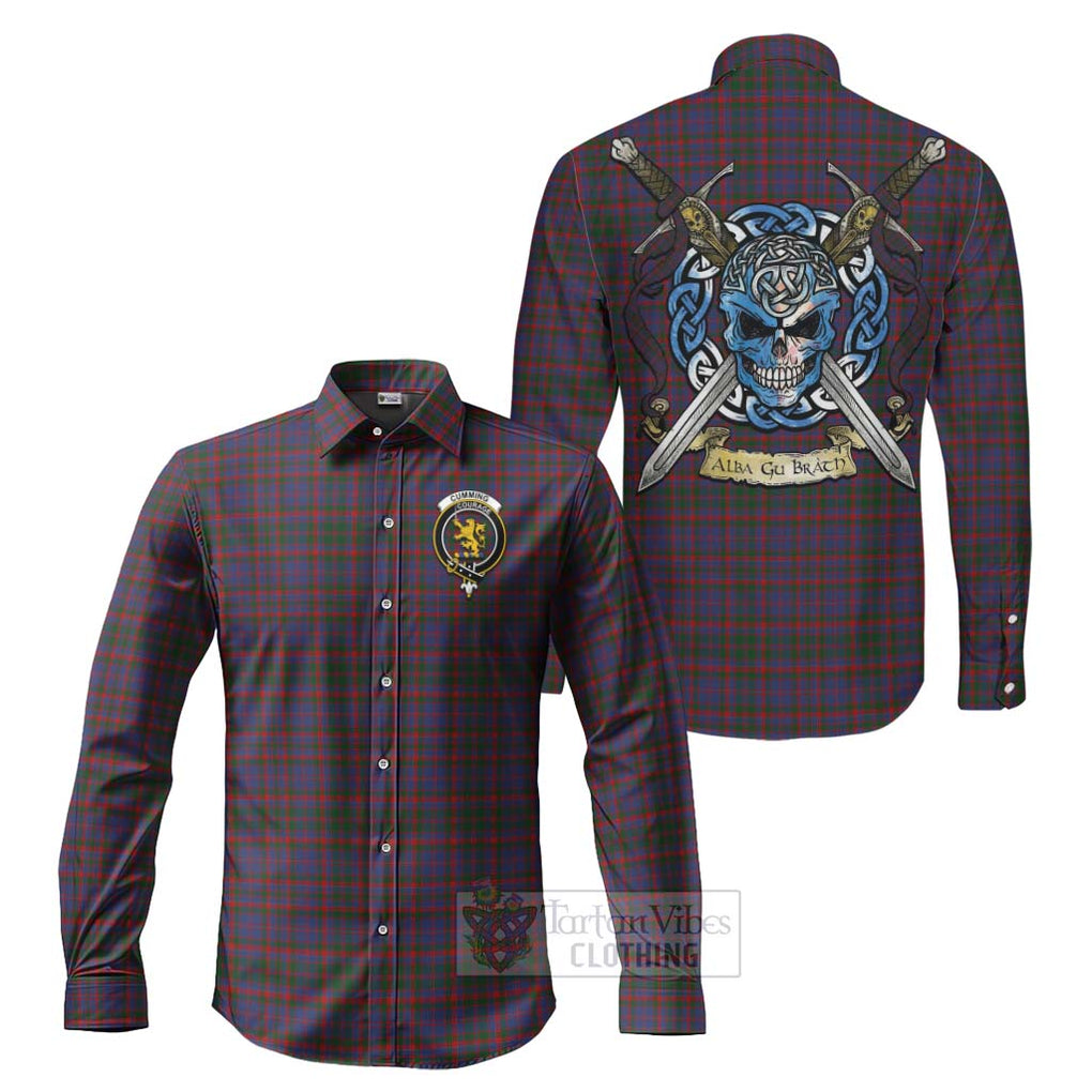 Tartan Vibes Clothing Cumming Tartan Long Sleeve Button Shirt with Family Crest Celtic Skull Style