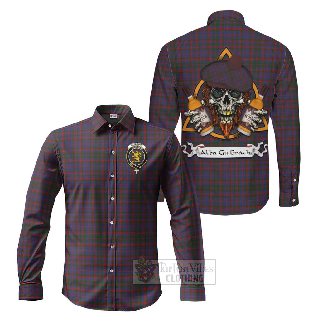 Tartan Vibes Clothing Cumming Tartan Long Sleeve Button Shirt with Family Crest and Bearded Skull Holding Bottles of Whiskey