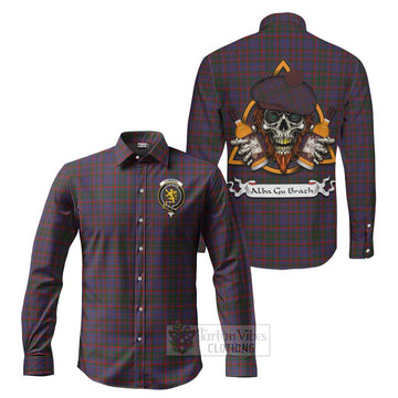 Cumming Tartan Long Sleeve Button Shirt with Family Crest and Bearded Skull Holding Bottles of Whiskey