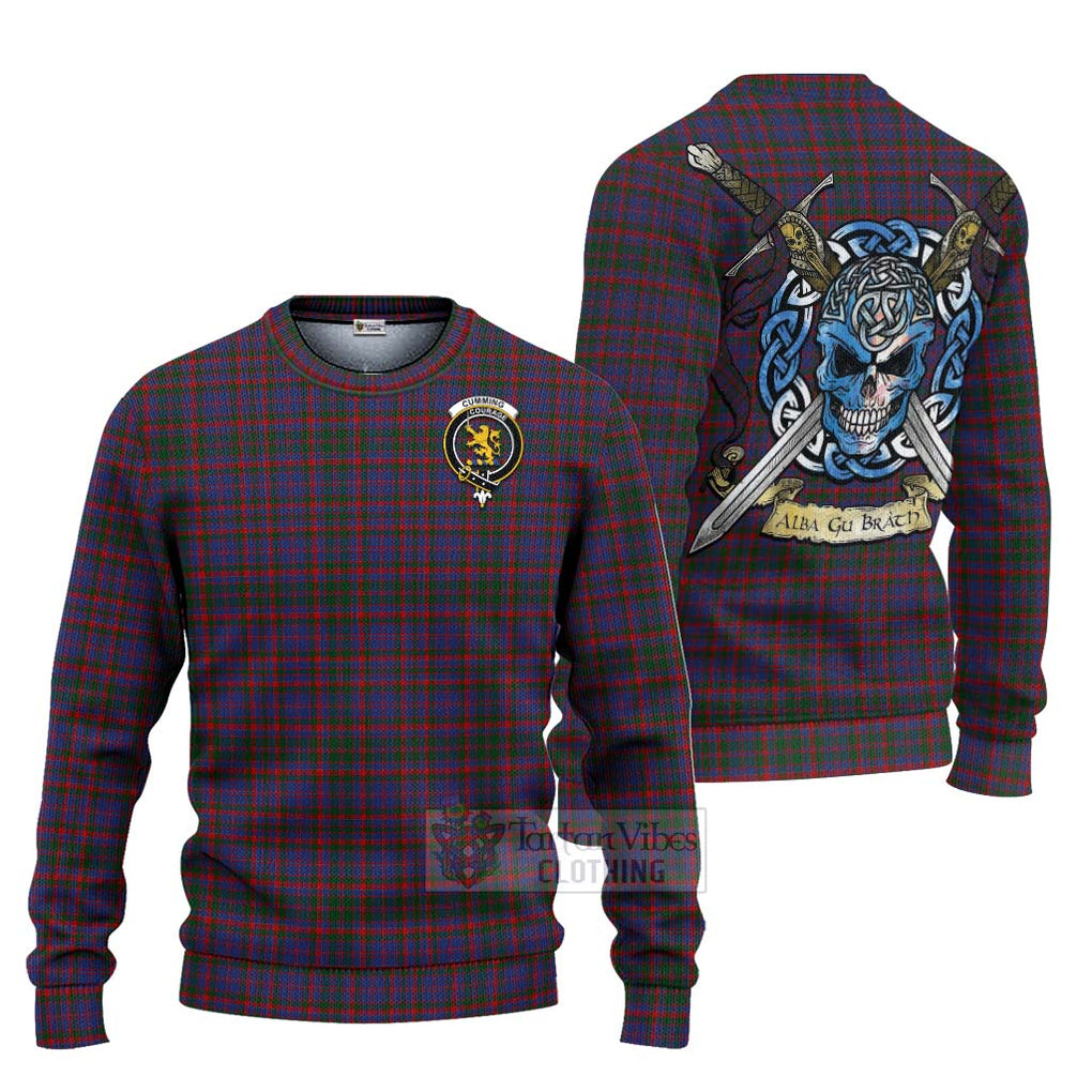 Tartan Vibes Clothing Cumming Tartan Knitted Sweater with Family Crest Celtic Skull Style