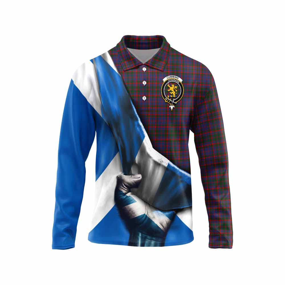 Tartan Vibes Clothing Cumming Tartan Long Sleeve Polo Shirt with Family Crest Scotland Patriotic Style