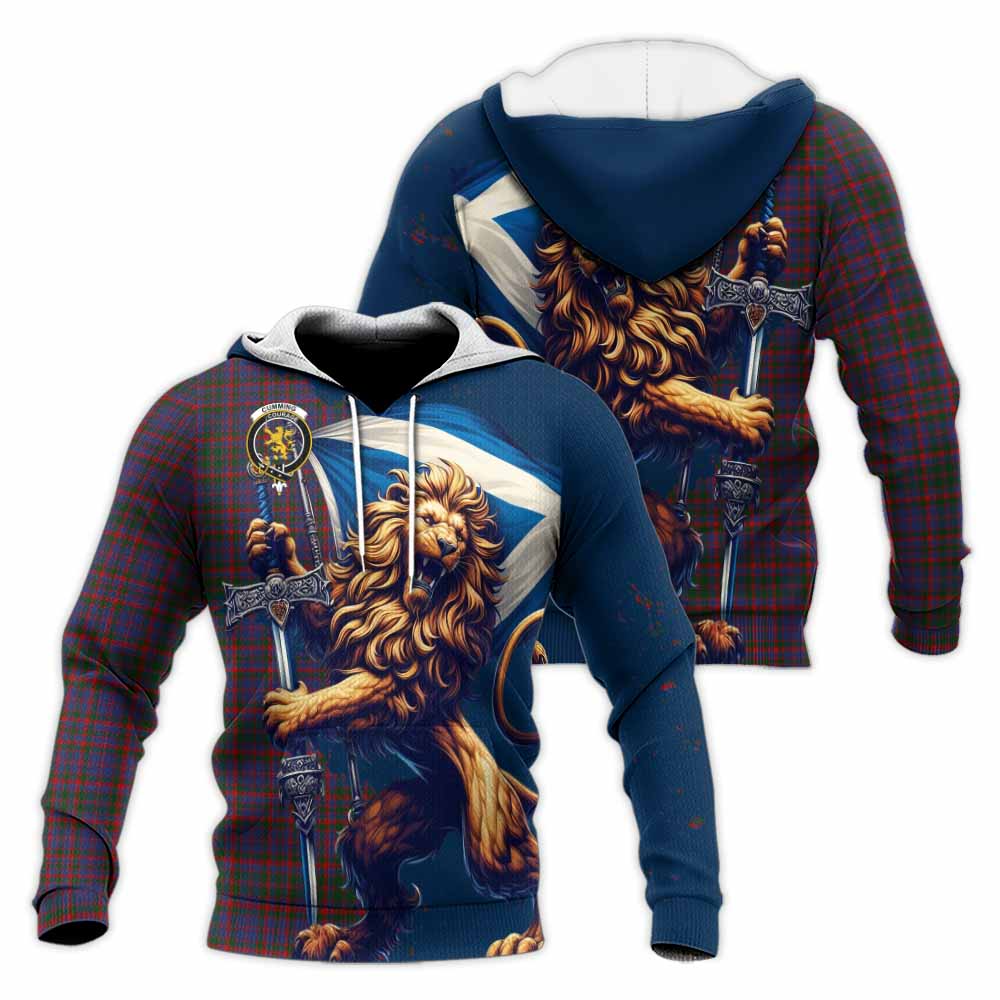 Tartan Vibes Clothing Cumming Tartan Family Crest Knitted Hoodie with Scottish Majestic Lion