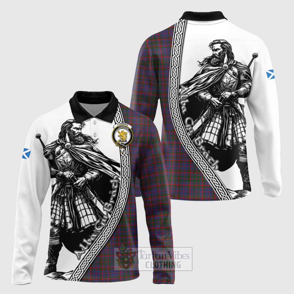 Tartan Vibes Clothing Cumming Tartan Clan Crest Long Sleeve Polo Shirt with Highlander Warrior Celtic Style