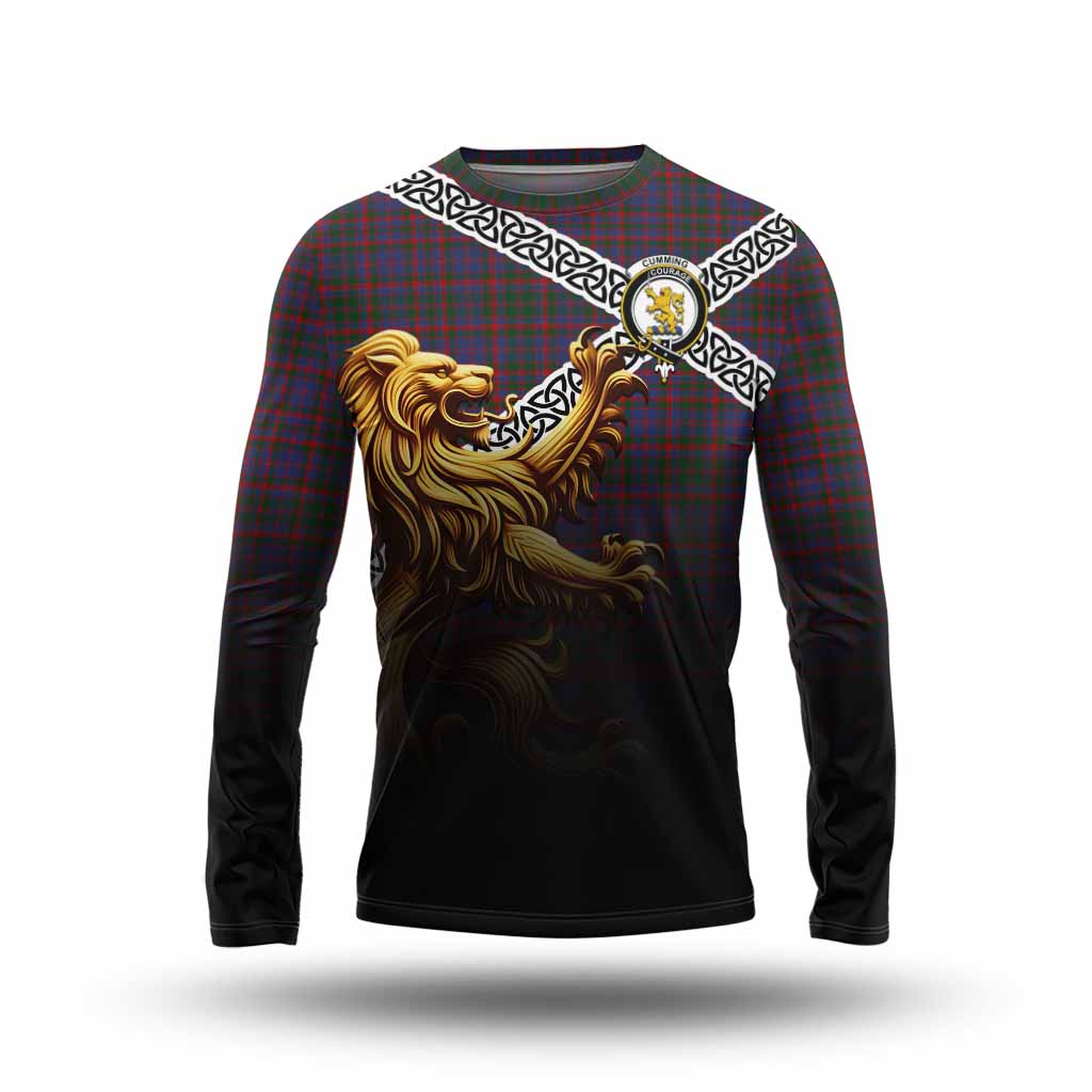 Cumming Crest Tartan Long Sleeve T-Shirt with Golden Lion Emblem Celtic Style Unisex - Tartan Vibes Clothing
