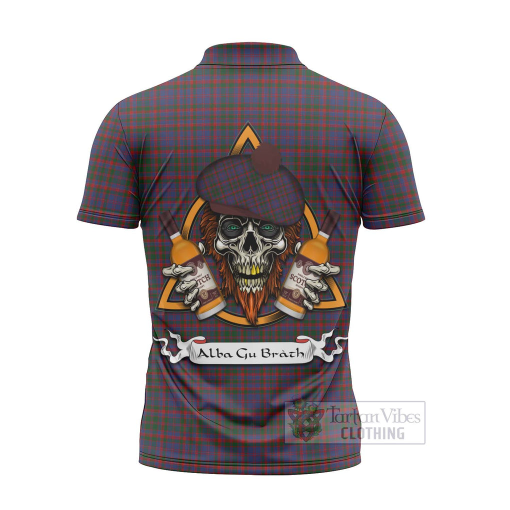 Tartan Vibes Clothing Cumming Tartan Zipper Polo Shirt with Family Crest and Bearded Skull Holding Bottles of Whiskey