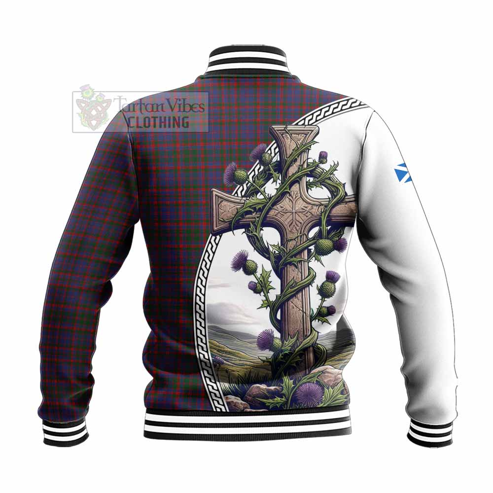 Tartan Vibes Clothing Cumming Tartan Baseball Jacket with Family Crest and St. Andrew's Cross Accented by Thistle Vines