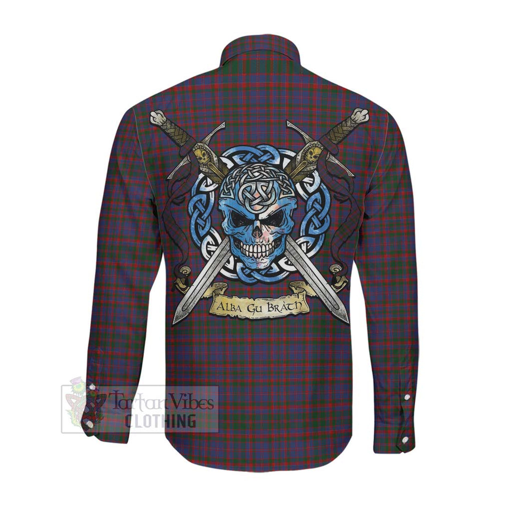 Tartan Vibes Clothing Cumming Tartan Long Sleeve Button Shirt with Family Crest Celtic Skull Style