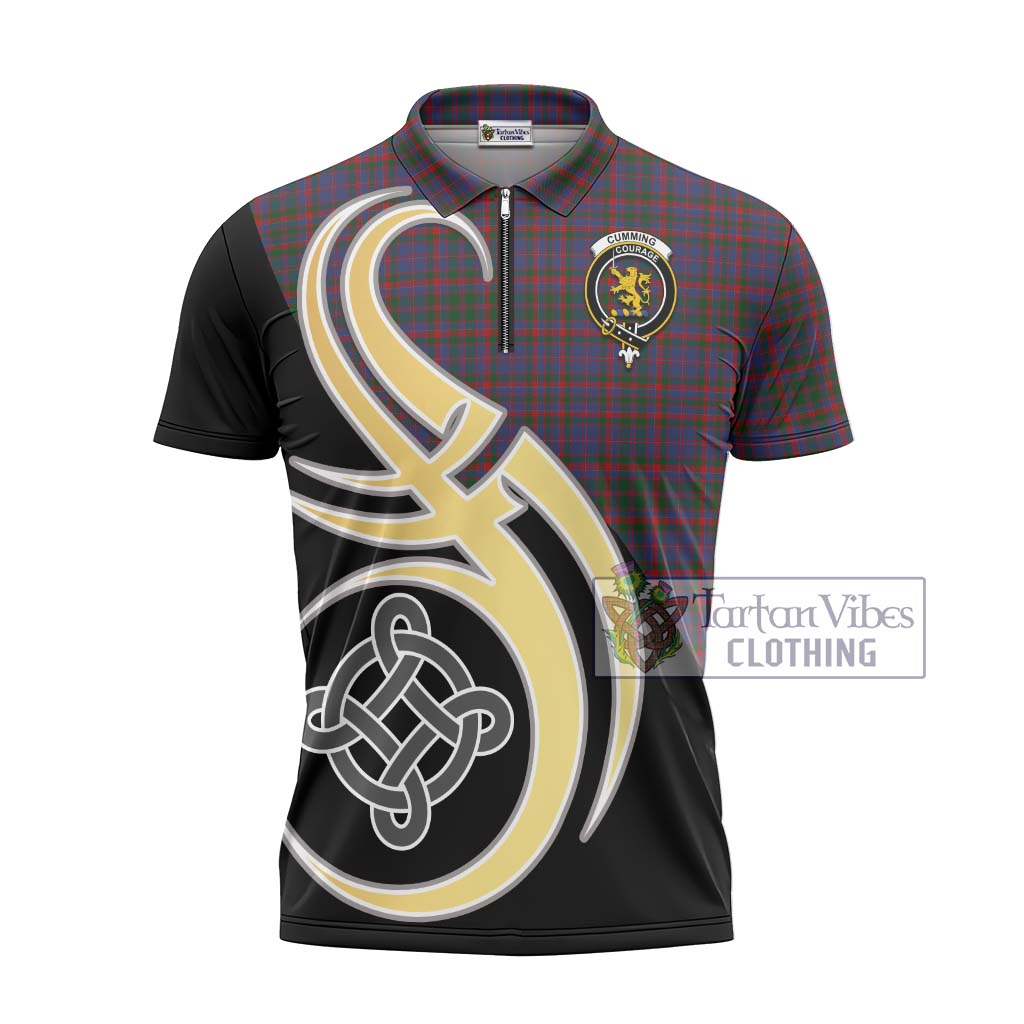 Tartan Vibes Clothing Cumming Tartan Zipper Polo Shirt with Family Crest and Celtic Symbol Style