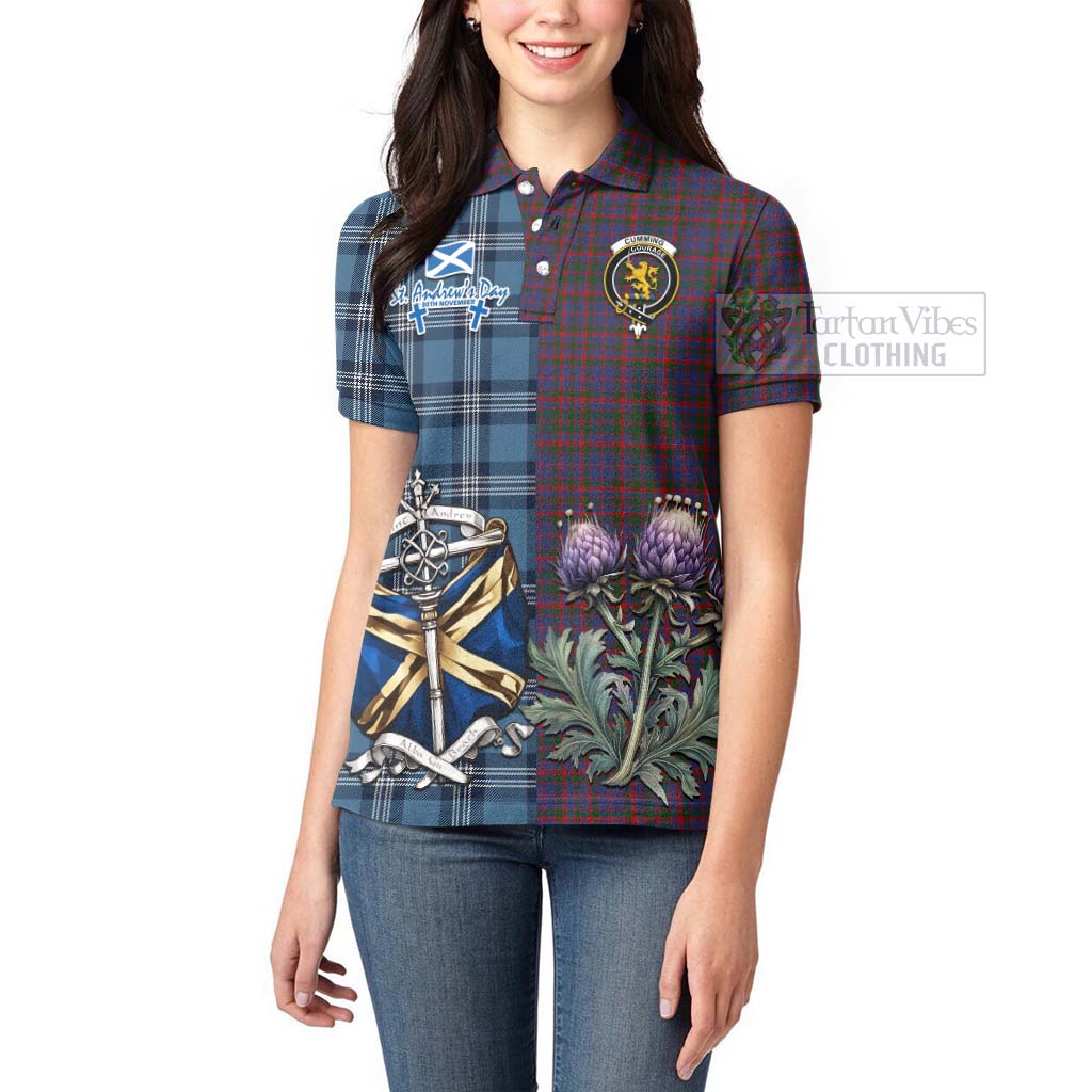 Tartan Vibes Clothing Cumming Tartan Women's Polo Shirt Happy St. Andrew's Day Half Tartan Style