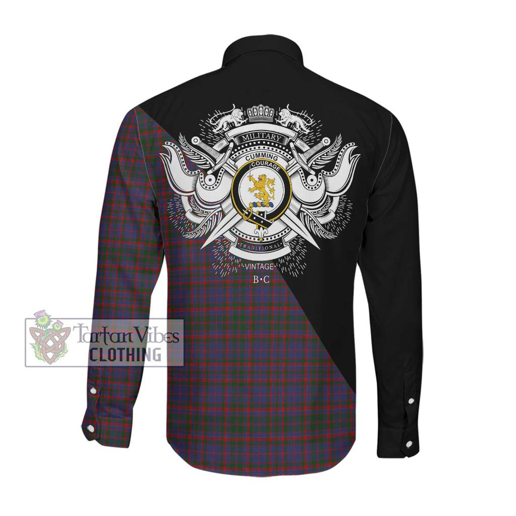 Cumming Tartan Long Sleeve Button Shirt with Family Crest and Military Logo Style Men's Shirt - Tartanvibesclothing Shop