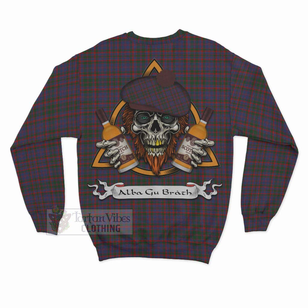 Tartan Vibes Clothing Cumming Tartan Sweatshirt with Family Crest and Bearded Skull Holding Bottles of Whiskey