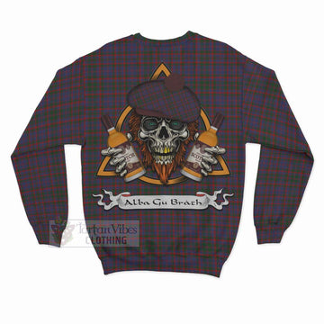 Cumming Tartan Sweatshirt with Family Crest and Bearded Skull Holding Bottles of Whiskey