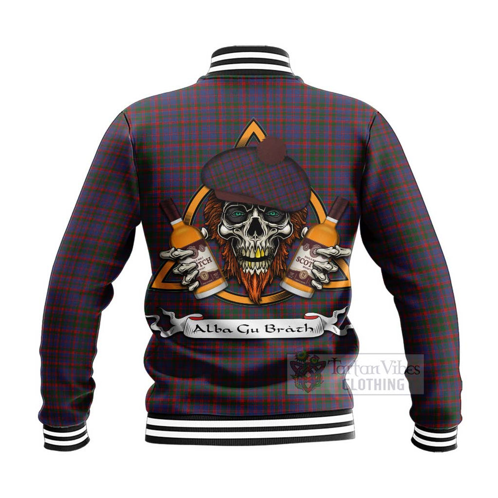 Tartan Vibes Clothing Cumming Tartan Baseball Jacket with Family Crest and Bearded Skull Holding Bottles of Whiskey