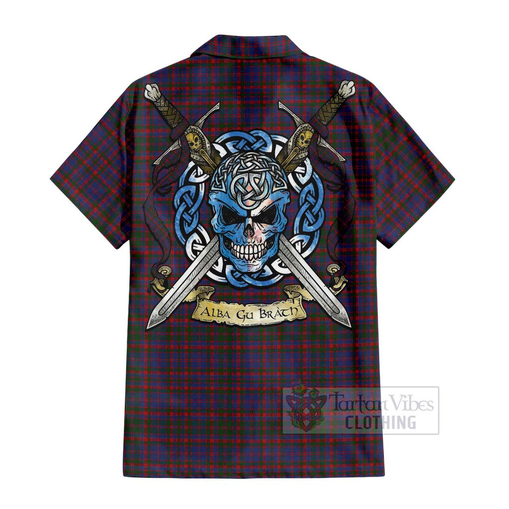 Tartan Vibes Clothing Cumming Tartan Short Sleeve Button Shirt with Family Crest Celtic Skull Style