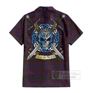 Cumming Tartan Short Sleeve Button Shirt with Family Crest Celtic Skull Style