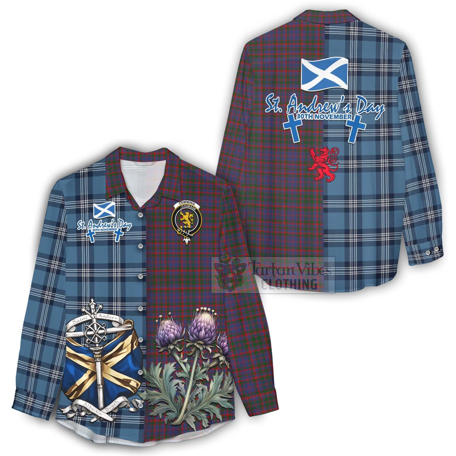 Tartan Vibes Clothing Cumming Tartan Women's Casual Shirt Happy St. Andrew's Day Half Tartan Style