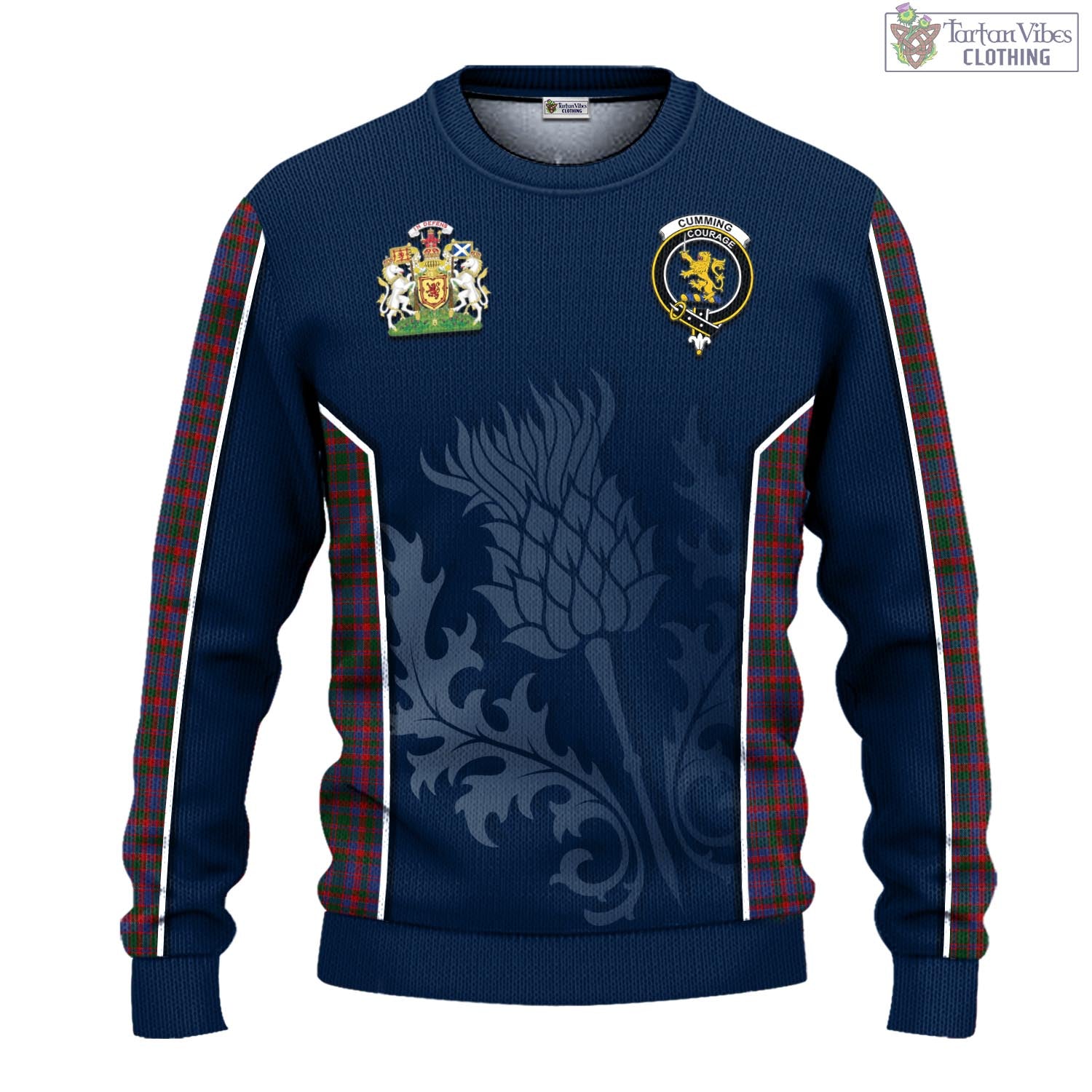 Tartan Vibes Clothing Cumming Tartan Knitted Sweatshirt with Family Crest and Scottish Thistle Vibes Sport Style