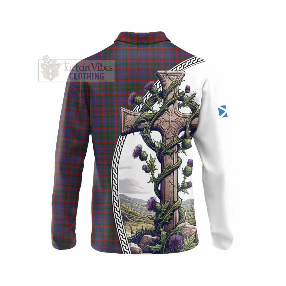 Tartan Vibes Clothing Cumming Tartan Long Sleeve Polo Shirt with Family Crest and St. Andrew's Cross Accented by Thistle Vines