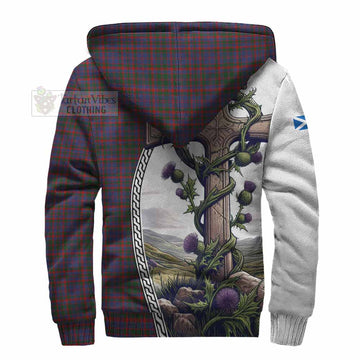 Cumming Tartan Sherpa Hoodie with Family Crest and St. Andrew's Cross Accented by Thistle Vines