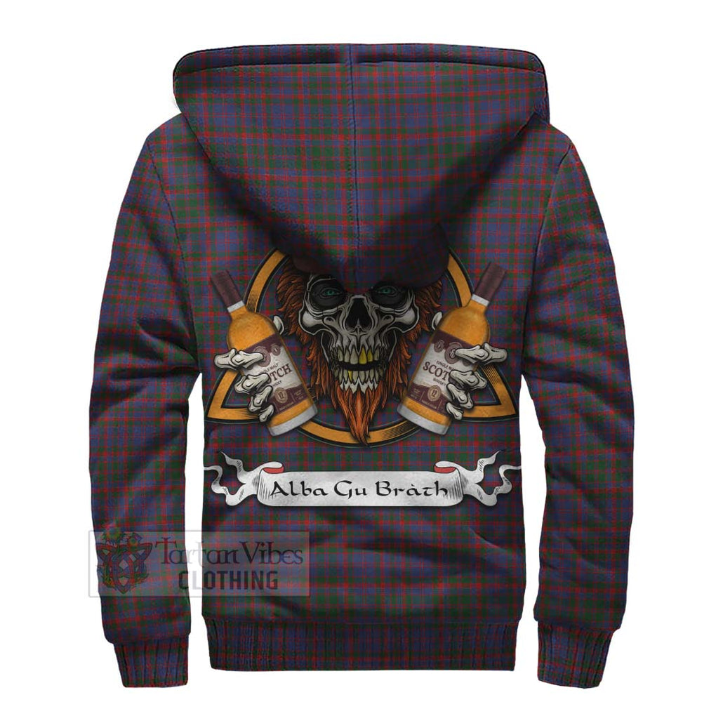 Tartan Vibes Clothing Cumming Tartan Sherpa Hoodie with Family Crest and Bearded Skull Holding Bottles of Whiskey