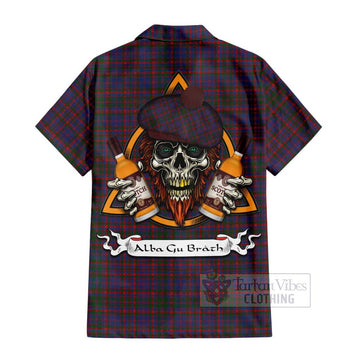 Cumming Tartan Short Sleeve Button Shirt with Family Crest and Bearded Skull Holding Bottles of Whiskey